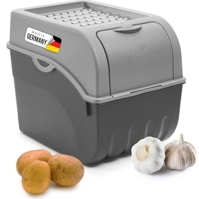 Afbeelding van Novaliv Aardappelopbergdoos, groot formaat, 9 liter, grijs, uienbox, stapelbare groentebox voor aardappelen/uien, aardappelmand, voorraaddoos