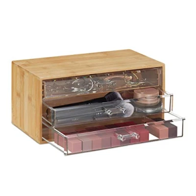 Afbeelding van Relaxdays make up organizer bamboe met 3 lades opbergdoos sieradendoosje acryl
