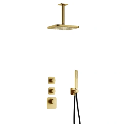 Afbeelding van Hotbath Gal Regendoucheset IBS40 Geborsteld Messing PVD Staaf Handdouche 22cm Hoofddouche 15cm Plafondbuis met wandhouder