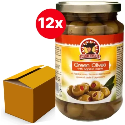 Afbeelding van Groene olijven gevuld met pikante paprikapasta 350g Pot Doos 12 stuks