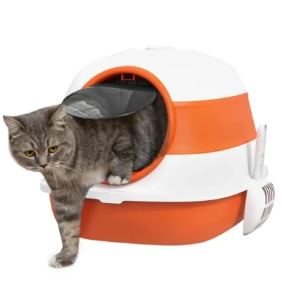 Afbeelding van PawHut kattenbak met deksel, opvouwbare deodorant, bodemrooster en kattenbakschep, ruime kattenbak, wit + oranje, 52 x 41 38 cm