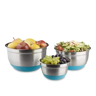 Afbeelding van Relaxdays Schalenset 3 delig antislip saladekom mengkom rvs keukengerei blauw