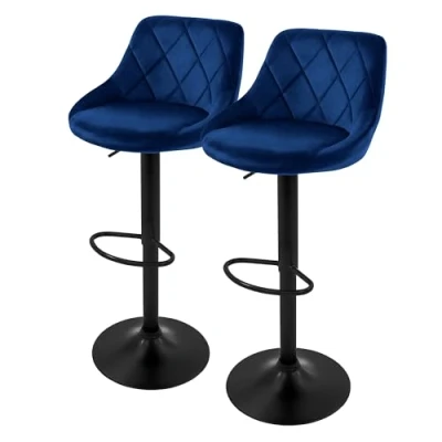 Afbeelding van ML Design Set van 2 fluwelen barkrukken, blauw, gestoffeerde stoel met rugleuning en voetensteun, in hoogte verstelbaar 62 82 cm, 360 draaibaar, toonbankkruk, café, keuken, huisbar