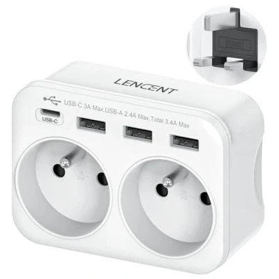 Afbeelding van LENCENT Adapter voor Engels/UK/Engeland en Frans stopcontact met 3 USB poorten 1 C poort, geschikt Ierland, Verenigd Koninkrijk, Schotland, elektrische stekker UK/bus, Frankrijk, type G