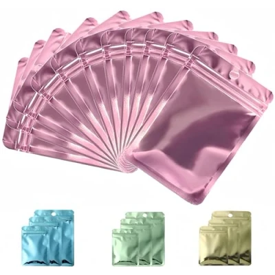 Afbeelding van Rimiko hersluitbare aluminiumfoliezakjes met ritssluiting, voedselzakken transparant venster, luchtdichte mylar zak voor de detailhandel en opslag van voorwerpen, roze metallic, 14 x 20 cm, 50