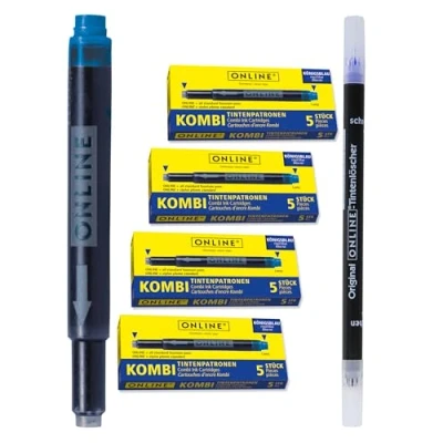 Afbeelding van Online Lamy 20 blauwe inktpatronen en inktwisser, compatibel met Pelikan, Stabilo enz., universele inktpatronen, uitwisbaar, voor vulpen rollerbalpen, koningsblauw