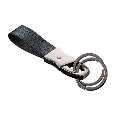 Afbeelding van Cerbery® Stijlvolle lederen Sleutelhanger met ringen en geschenkdoos Auto Foto Graveren Ring Vrouw Man Gift, Zilver, M, Modern, zilver., Modern