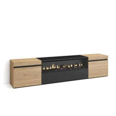 Afbeelding van Skraut Home tv kast, bank, grote opbergruimte, 200 x 45 35 cm, voor tv&#039;s tot 80 inch, elektrische open haard, moderne stijl, eiken en zwart