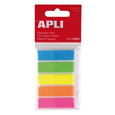 Afbeelding van APLI 11912, zelfklevende folie index, 45 x 12 mm, 5 fluorescerende kleuren, 25 indexen per kleur, neonbladwijzers