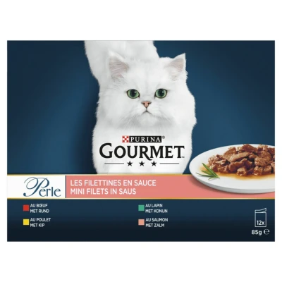 Afbeelding van Gourmet Perle Mini Filets In Saus Kattenvoer Rund Kip Zalm 12x85 g