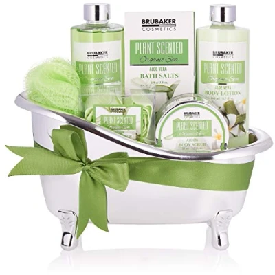 Afbeelding van BRUBAKER Cosmetics Aloe Vera bad en doucheset Cadeautip Vrouw Cadeau Idee Verwenpakket 7 delige geschenkset in decoratieve badkuip Moederdag cadeautje