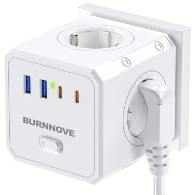 Afbeelding van BURNNOVE 8 in 1 stekkerdoos kubus met 2 USB C poorten, type A USB, 4 Schuko AC stopcontacten (4000 W/16 A), schakelaar voor thuis, kantoor, reizen, wit