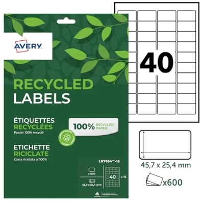 Afbeelding van AVERY Zak met 600 etiketten van 100% gerecyclede zelfklevende personaliseerbaar en bedrukbaar formaat 45,7 x 25,4 mm. Laser inkjetdruk (LR7654 15)