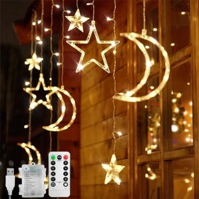 Afbeelding van Jsdoin led lichtsnoer, 3,5 m, ster en maan, lichtgordijn met 8 knippermodi, decoratie voor Kerstmis, bruiloft, feest, huis, terras, gazon, USB voeding, batterijen