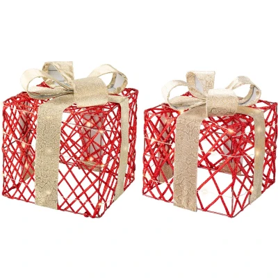 Afbeelding van Cadeauset Rood Met Lint en Strikken Verlichting Set van 2