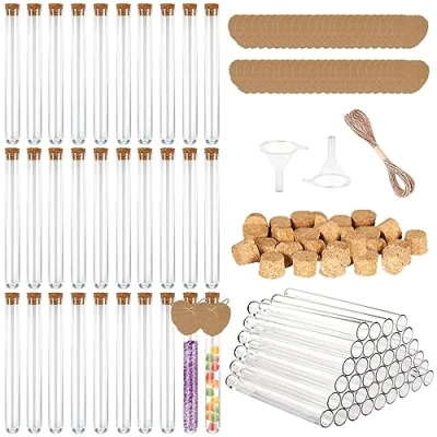 Afbeelding van Kunststof reageerbuisjes, transparant, met kurk, 15 ml, reageerbuisjes voor bloemen, gastgeschenk, bruiloft, decoratie, badzout gevuld, 30 stuks kraftpapieren hangers, 10 m henneptouw, 2 trechters,