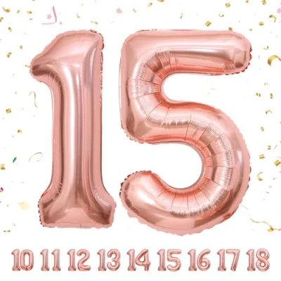 Afbeelding van Ballonnen verjaardag 15 jaar roségoud 101 cm ballon nummer opblaasbare folie decoratie van man vrouw vliegen met helium
