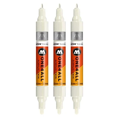 Afbeelding van Molotow One4All Twin acrylstiften, lijndikte 1,5 mm en 4 mm, hoge dekking permanent, kleur 229, natuurlijk wit, 3 stuks