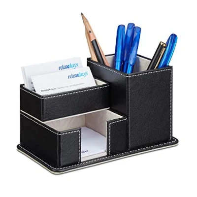 Afbeelding van Relaxdays pennenbakje kunstleer zwart pennenhouder memohouder bureau organizer