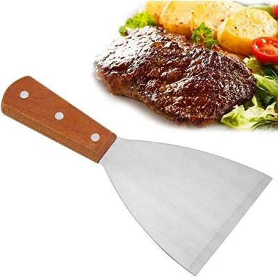 Afbeelding van Roestvrijstalen bifteakspatel, handvat van hout, anti aanbaklaag, grillspatel, steak frees, keukengereedschap voor buiten, barbecue