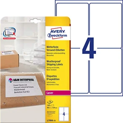 Afbeelding van etiket Avery 99,1x139mm 25 vel 4 etiketten per wit