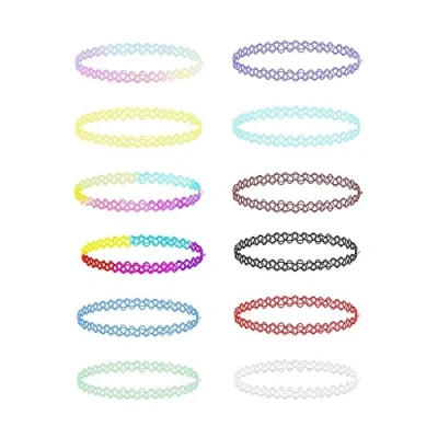 Afbeelding van 12 stuks elastische halskettingen, tattoo ketting, regenboog choker, modesieraden voor meisjes, kinderen, vrouwen, elastisch rubber, kunststof, verjaardagsfeest, bruiloft