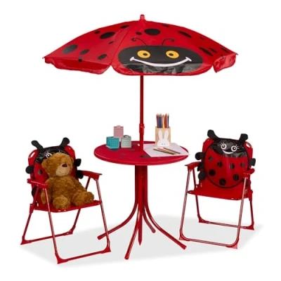 Afbeelding van Relaxdays Campinglounge voor kinderen, lieveheersbeestje, kinderzitje met paraplu, klapstoelen en tafel, rood