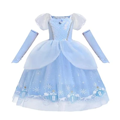 Afbeelding van Lito Angels Verkleedkostuum prinsessenjurk Assepoester met handschoen voor kinderen, meisjes, maat 6 7 jaar, blauw