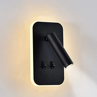 Afbeelding van uksunvi Led wandlamp, leeslamp voor nachtkastje, 12 W, draaibare spot, 3 W + 9 3000 K, warm licht (zwarte rechthoek)