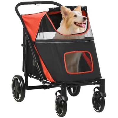 Afbeelding van PawHut Hondenwagen met kussen, opvouwbare kinderwagen voor grote en middelgrote honden netvenster, veiligheidslijn, tas van Oxford stof, rood