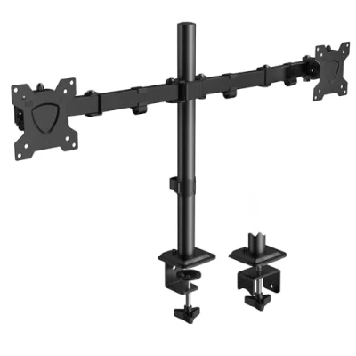 Afbeelding van KOORUI Monitorstandaard met 2 monitoren voor 13 tot 27 inch flatscreen, gebogen scherm, dubbele arm, in hoogte verstelbare tafelstandaard, draaibaar, kantelbaar, 10 kg, VESA 75 x en