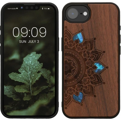 Afbeelding van kwmobile telefoonhoesje geschikt voorApple iPhone 16e Hoesje met bumper walnoothout In donkerbruin Parelmoer mandala design