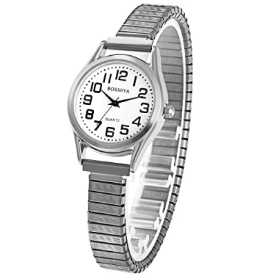 Afbeelding van JewelryWe Uitbreidbaar polshorloge voor heren, grote cijfers, eenvoudig en elegant, elastisch, kwarts, ultra helder gemakkelijk te lezen ouderen slechtzienden, Roestvrij staal #2 zilver
