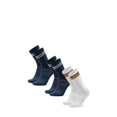 Afbeelding van DANISH ENDURANCE Premium fietssokken, racefiets en mountainbike, ademend, heren dames (3 stuks), Veelkleurig (2 x marineblauw/strepen, 1 wit/gestreept), 43 47