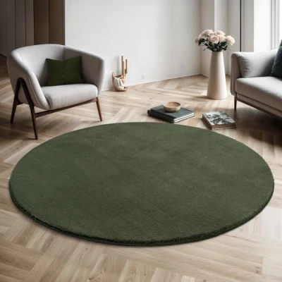 Afbeelding van Vloerkleed voor woonkamer of slaapkamer in donkergroen 120x120 cm Modern en zacht laagpolig tapijt Rond Antislip onderkant Wasbaar tot 30 Graden Rug for bedroom or living room RELAX kleed by The Carpet