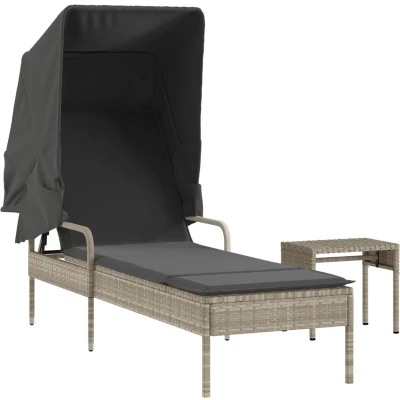 Afbeelding van Ligbed met luifel en tafel poly rattan lichtgrijs