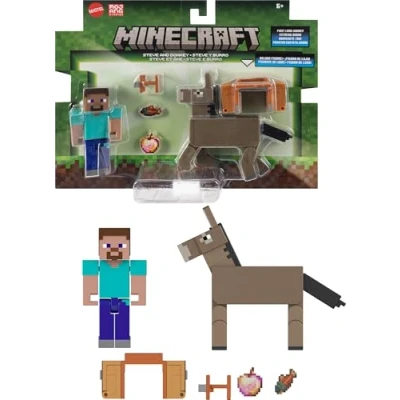 Afbeelding van Mattel Minecraft 2 stuks actiefiguren en accessoires Steve ezel op schaal van 8,3 cm, verzamelspeelgoedset