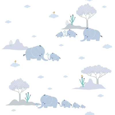 Afbeelding van OLIFANTJES BEHANG Kinderkamer blauw grijs wit groen geel A.S. Création Little Love