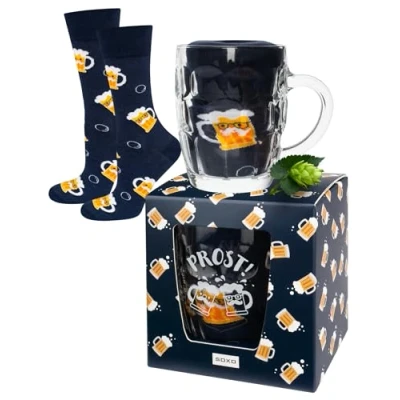 Afbeelding van soxo Blik, bier, sokken, heren, cadeau, grappige geschenken, 40 45, 1 4 paar, Blauwe sokken paar + pint