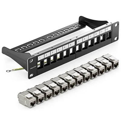 Afbeelding van deleyCON Kit met 12 poorten, modulair patchpaneel, 1 U, 10 inch, rack installatie + x Keystone RJ45 CAT6a modules, compatibel LAN kabel, CAT5, CAT6, CAT7, installatiekabel, zwart