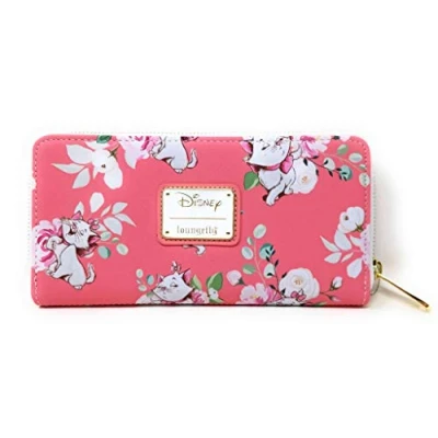 Afbeelding van Loungefly X Disney Marie Roze bloemenpatroon portemonnee met witte print, één maat, ritssluiting, Portefeuille ritssluiting