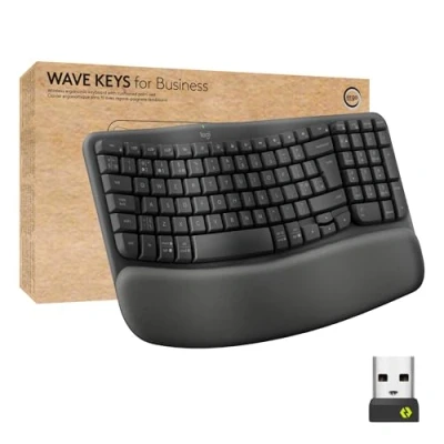 Afbeelding van Logitech Wave Keys for Business, ergonomisch draadloos toetsenbord met gevoerde polssteun grafiet, Spaans QWERTY