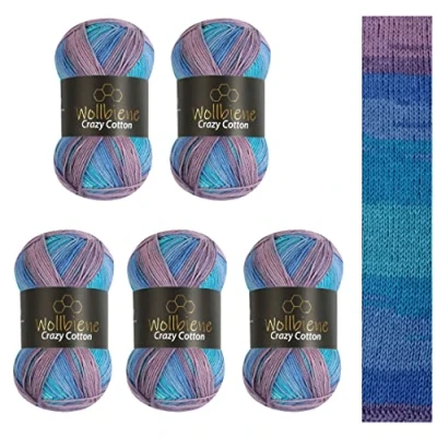 Afbeelding van Wollbiene Crazy Cotton Batik 5 x 100 g, 500 gram met kleurverloop, 55% katoen, meerkleurig, breiwol voor haken alle seizoenen (6020 blauw, lila, turquoise)