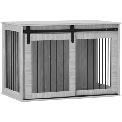 Afbeelding van PawHut Cage pour chien la maison, verrouillable, avec entrée, caisse porte coulissante, niche grands chiens de moins 30 kg, gris, 98 x 58 61 cm