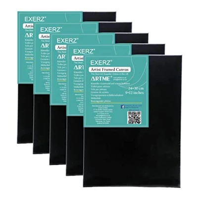 Afbeelding van Exerz Set van 5 zwarte ingelijste canvas, 24 x 30 cm, 1,7 voorgespannen 100% katoen, 280 g/m², drievoudig gegrond/zuurvrij, middelkorrelig, professionele acrylverf, olieverfschilderij