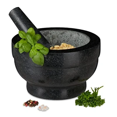 Afbeelding van Relaxdays vijzel en stamper graniet kruidenstamper kruiden vermaler mortier 1 l