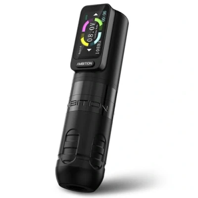 Afbeelding van Ambition Zetton Draadloze tattoo machine met touch knoppen, 2400 mAh, digitaal led display, roterende machine, batterijpen borstelloze motor, rechte trainingsstang