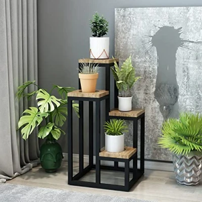 Afbeelding van Plantenstandaard Ameland 67x34x34 cm zwart en houtkleurig