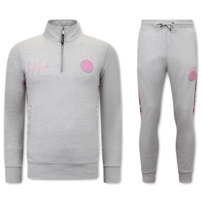 Afbeelding van Heren Joggingspak Half Zipper, Double Ribbon Grijs Roze Maat XXL