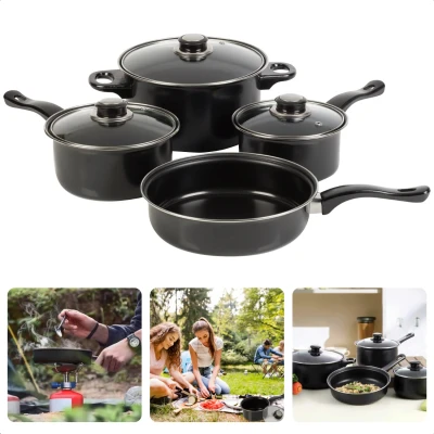 Afbeelding van Cheqo® Outdoor Campingpannen Set 4 stuks Koolstofstaal Non Stick Coating Geschikt voor Gas Ideaal Kamperen Campingpan Pannenset